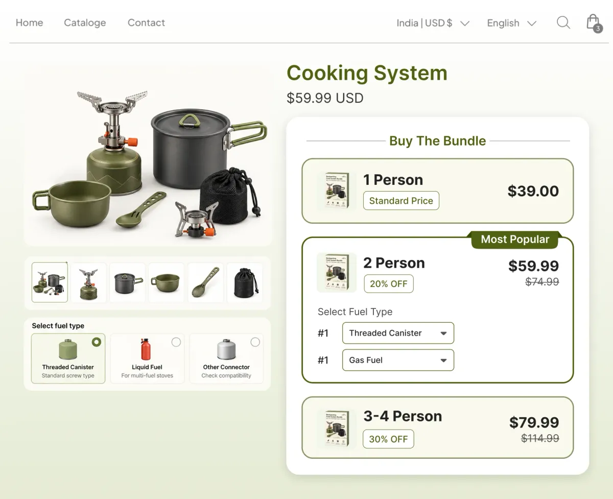 Cooking system page with a fuel-type selector for threaded canister, liquid fuel or other connector, and bundles sized for one, two and three to four people
