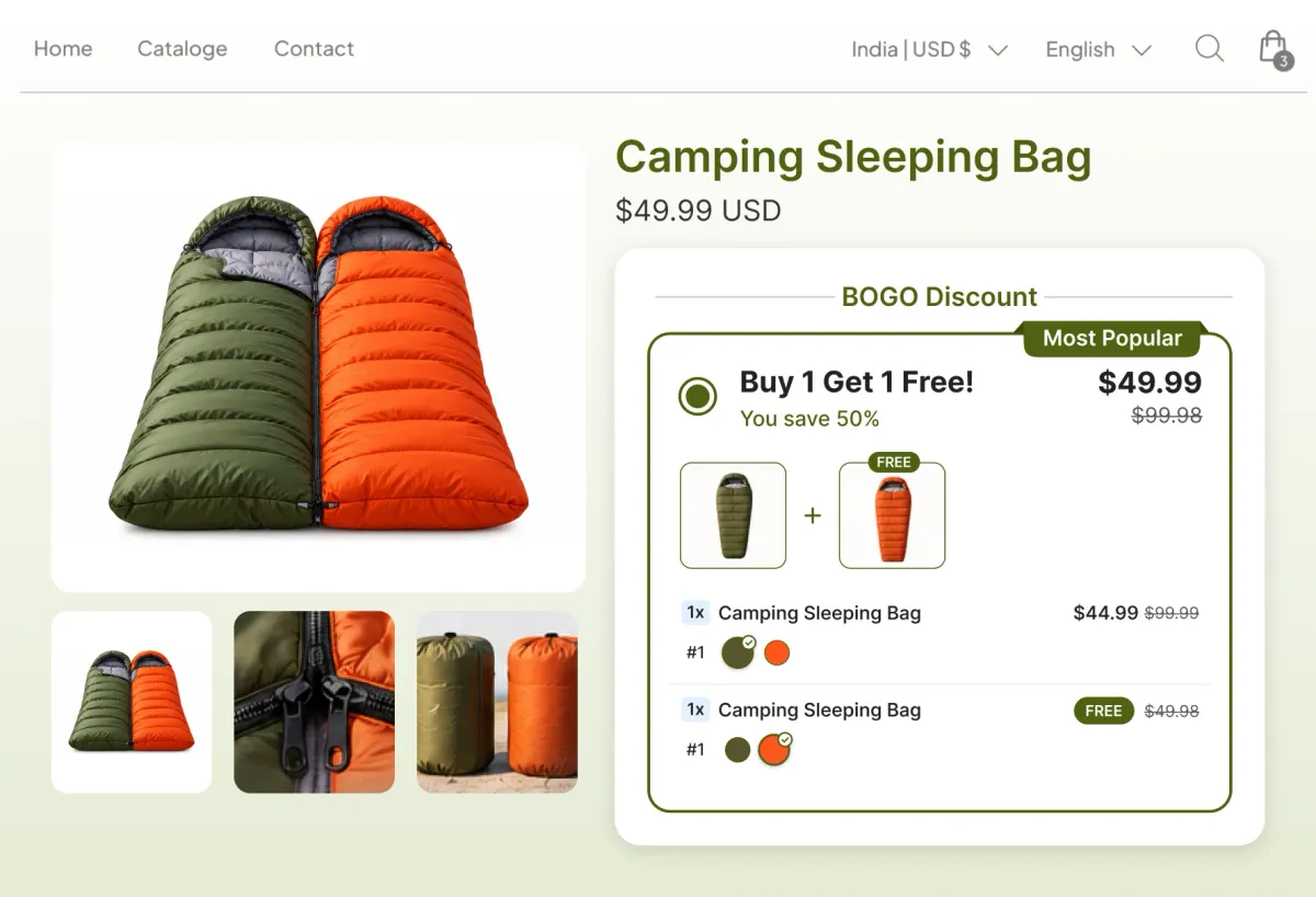 Camping sleeping bag page with a buy one get one free offer pairing an olive bag with an orange one that zips to it