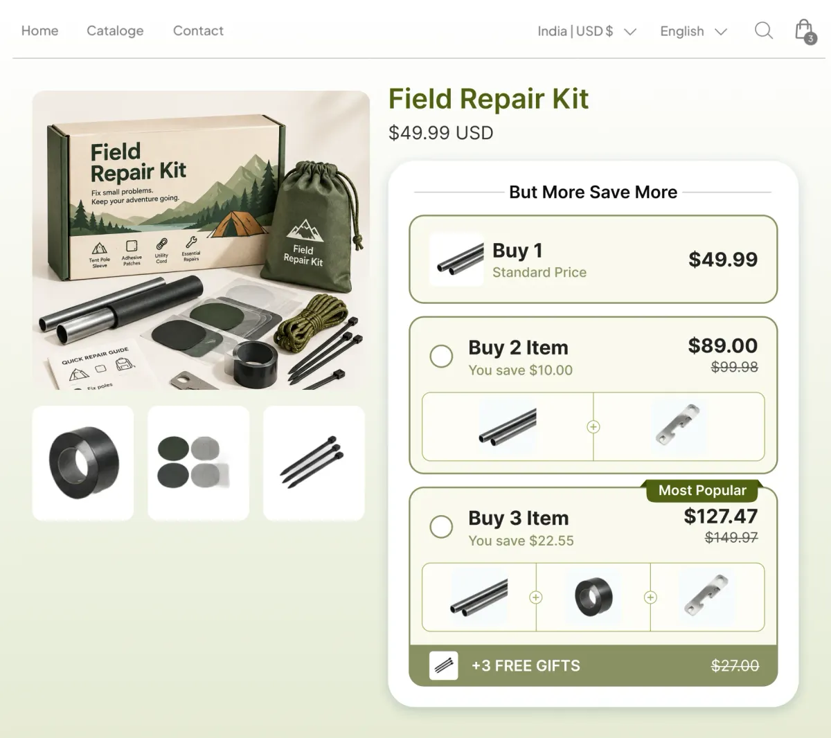 Field repair kit page with buy one, buy two and buy three tiers, the top tier adding three free gifts worth $27