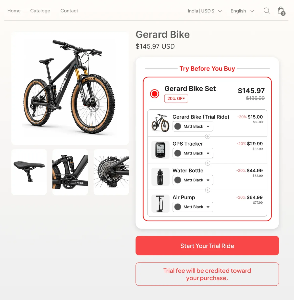 Mountain bike page with a Try Before You Buy set pairing a trial ride with a GPS tracker, bottle and air pump, noting the trial fee is credited toward the purchase