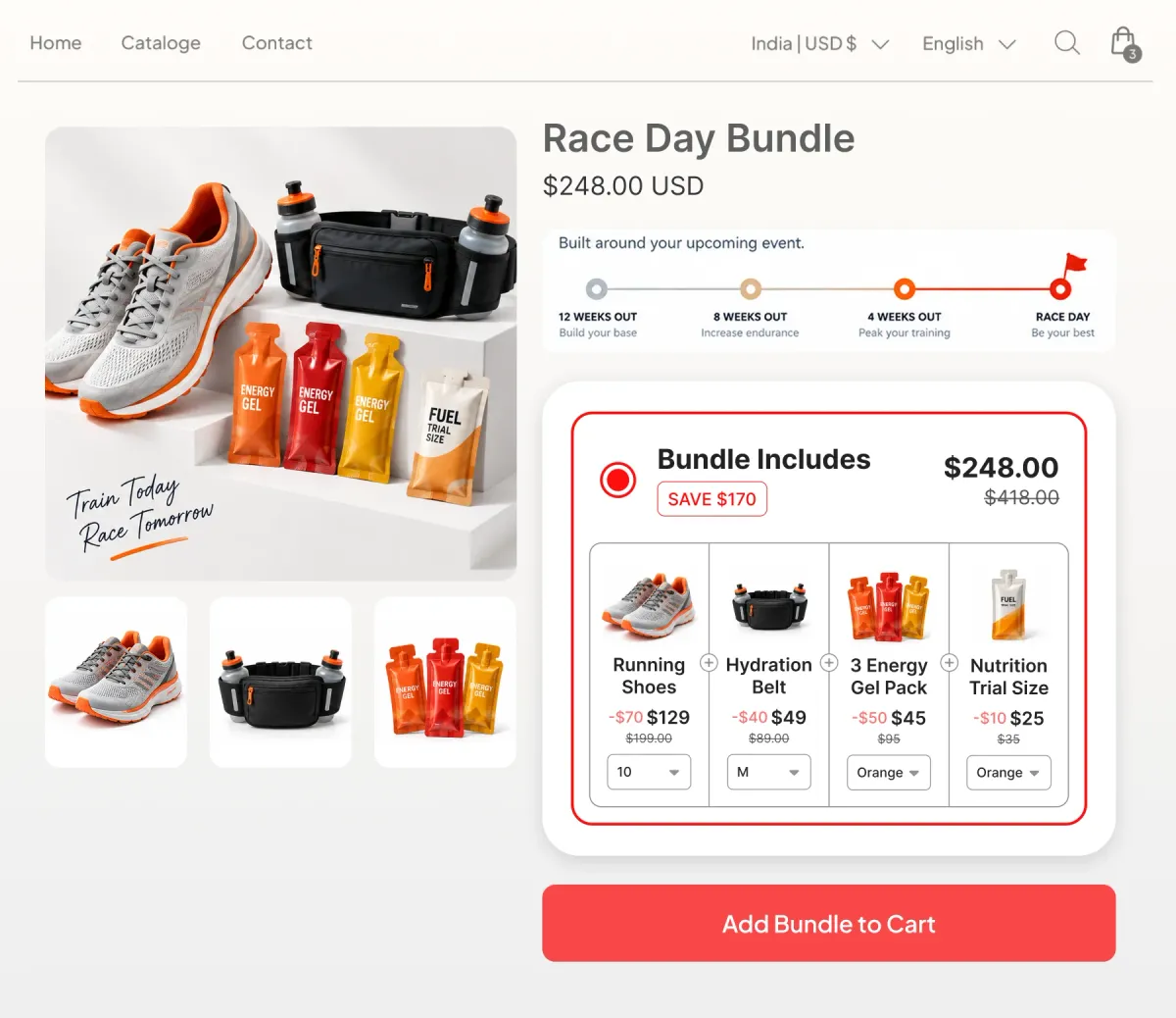 Race Day Bundle page with a twelve-weeks-out to race-day timeline above a set of running shoes, hydration belt, energy gels and a nutrition trial size