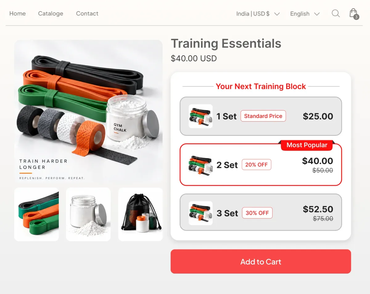 Training Essentials page with Your Next Training Block tiers of one, two and three sets of resistance bands, grip tape and chalk at 20% and 30% off