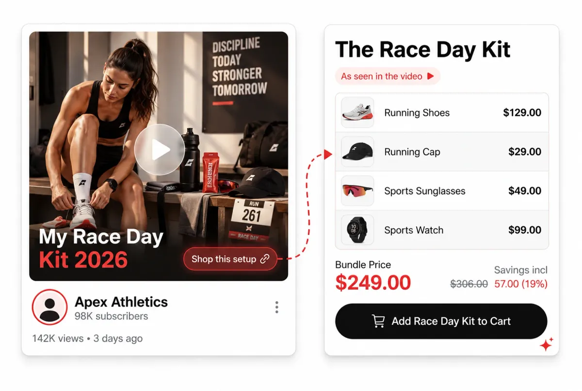 An athlete creator's race day video beside a shop panel listing the same running shoes, cap, sunglasses and watch as one $249 bundle, saving 19%