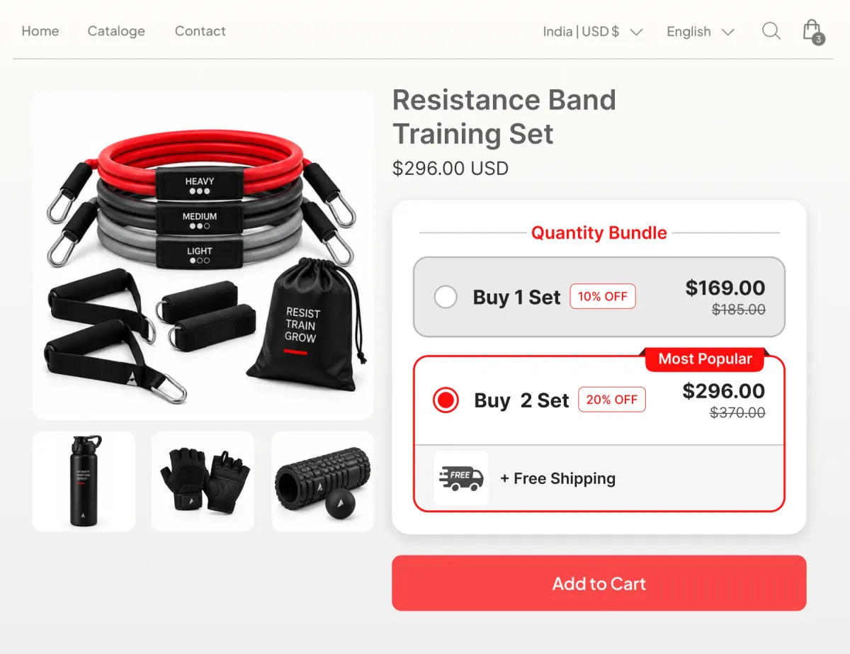 Resistance band training set page with buy one set and buy two set tiers, free shipping attached to the two-set tier