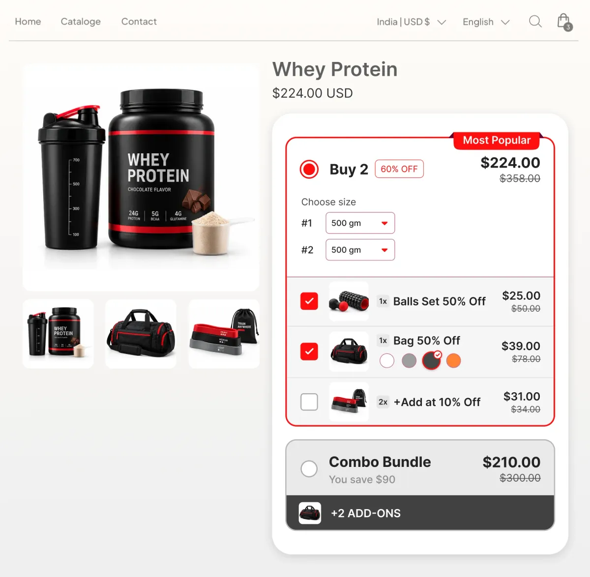 Whey protein page with a two-tub tier and a row of optional add-ons, a massage ball set and a gym bag at half price, each ticked individually