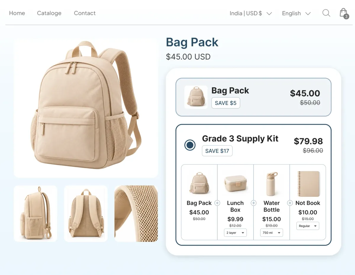 Backpack product page offering the bag alone at $45 or a Grade 3 Supply Kit of backpack, lunch box, water bottle and notebook at $79.98