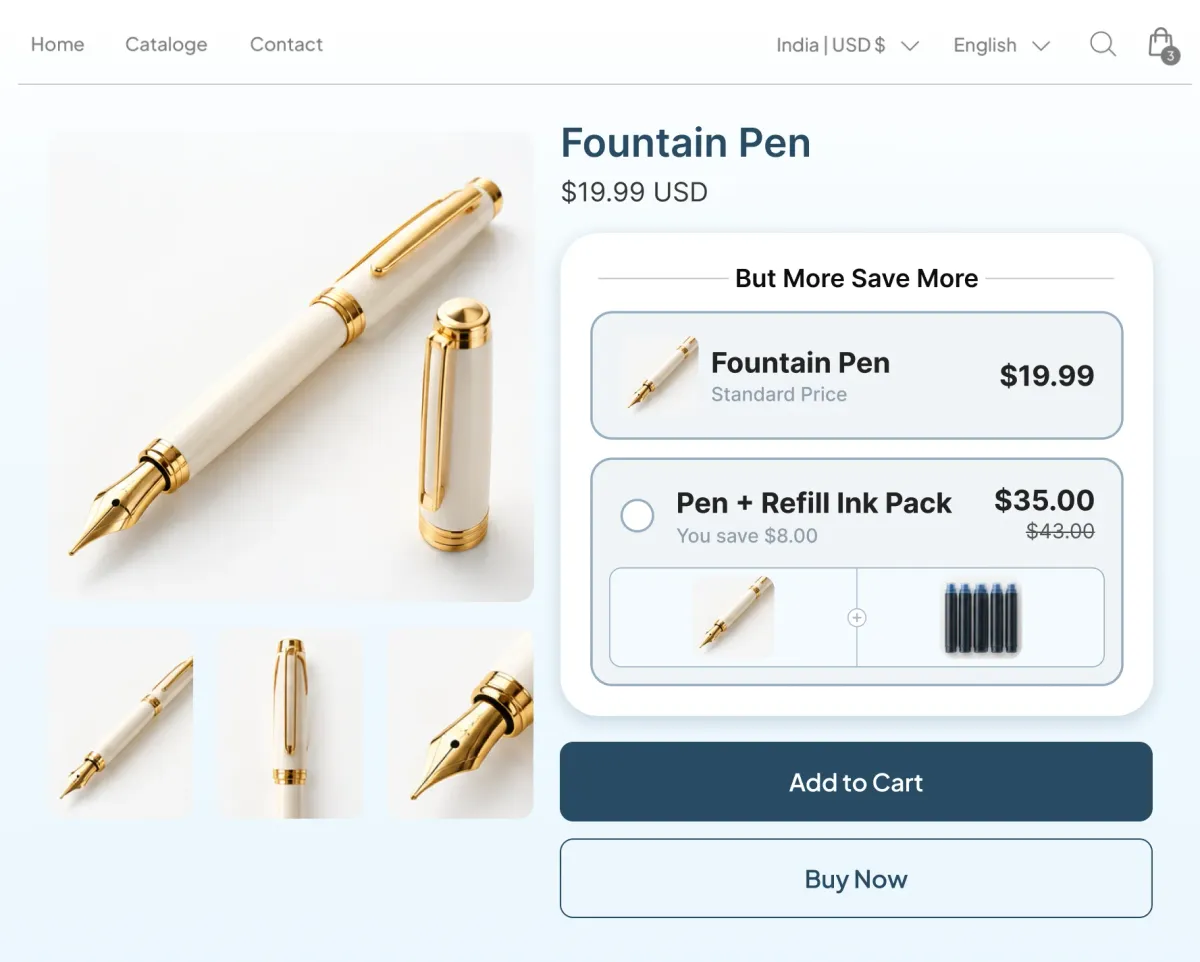 Fountain pen page offering the pen alone at $19.99 or the pen with the refill ink pack it accepts at $35