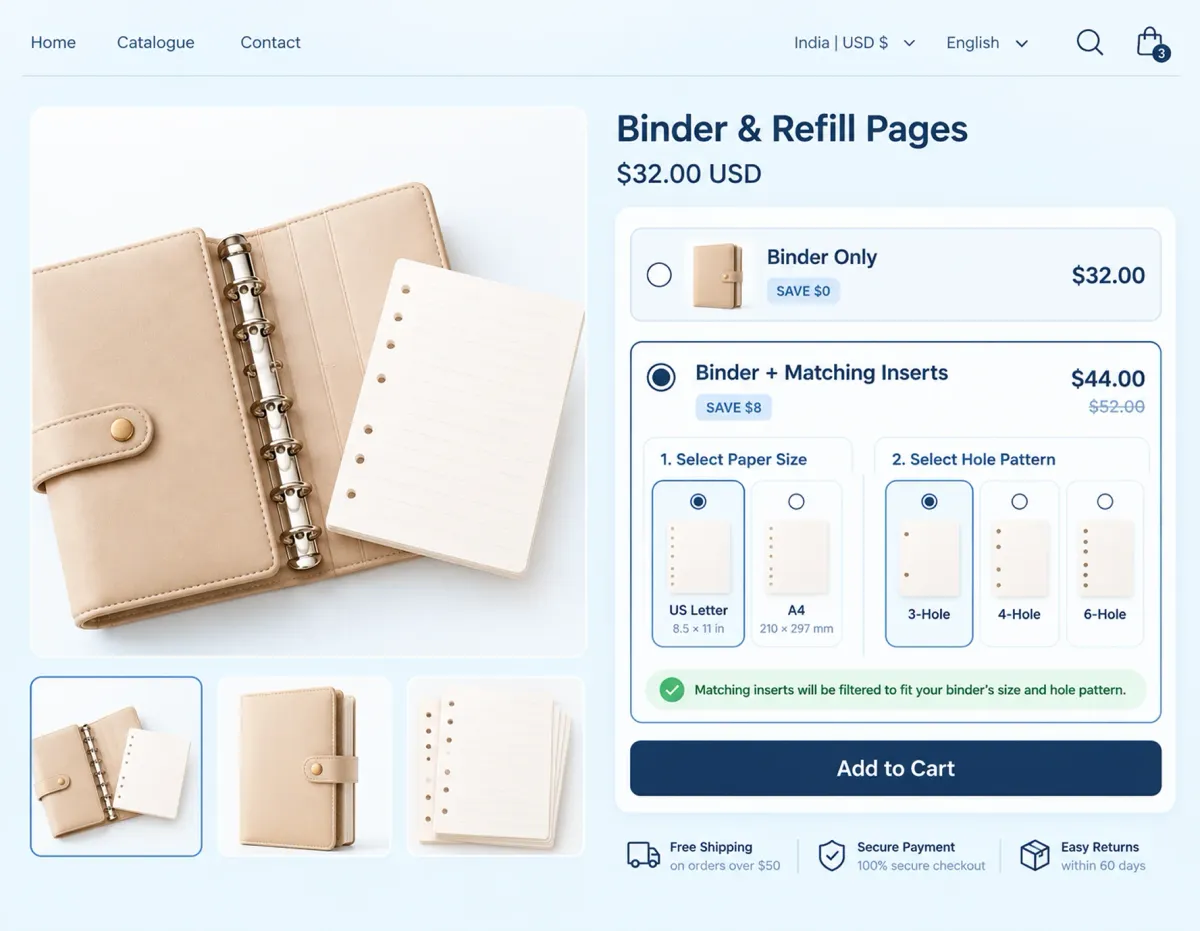 Binder bundle page with US Letter and A4 paper-size options and 3-hole, 4-hole and 6-ring patterns, confirming inserts are filtered to fit