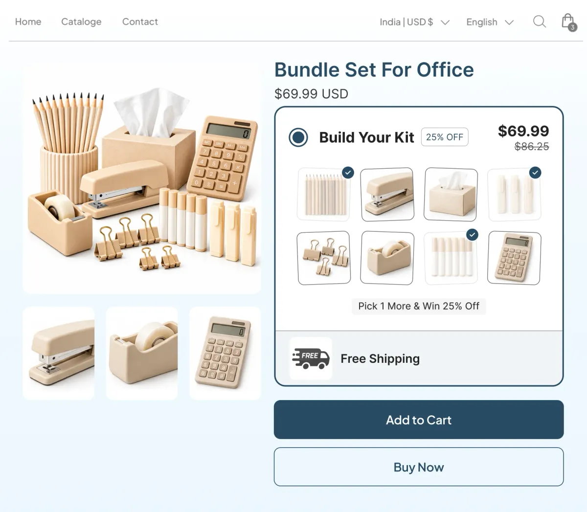 Office bundle page with a Build Your Kit grid where the shopper ticks any four items from eight desk accessories for $69.99