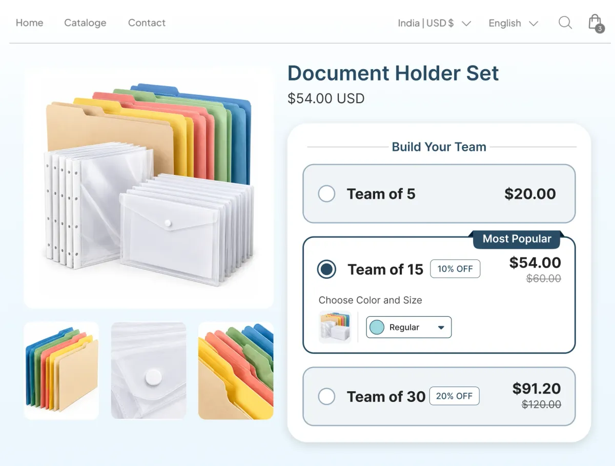 Document holder page with quantity tiers labelled Team of 5 at $20, Team of 15 at $54 and Team of 30 at $91.20