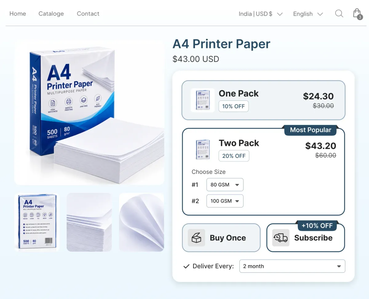 A4 printer paper page with a one pack and a two pack option, and a Subscribe choice at 10% off delivering every two months