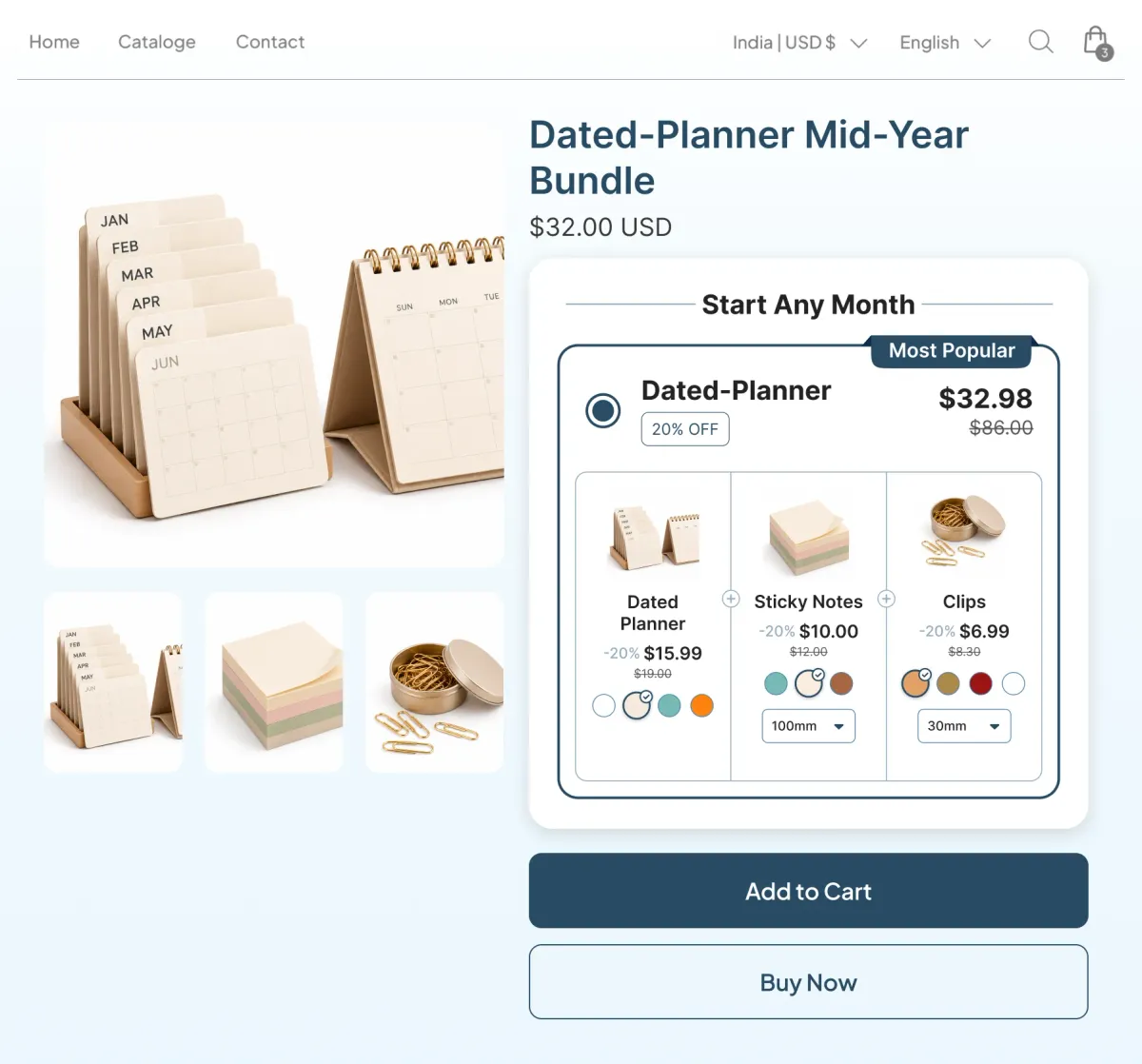 Start Any Month bundle pairing a leftover dated planner with sticky notes and clips at 20% off