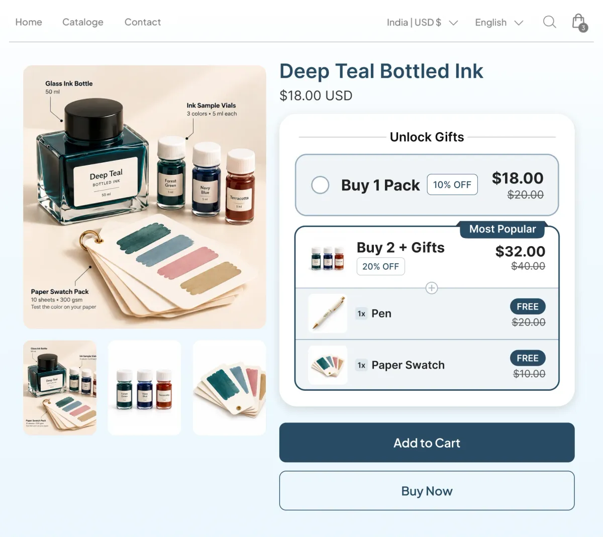 Bottled ink page where buying two packs unlocks a free pen and a free paper swatch pack
