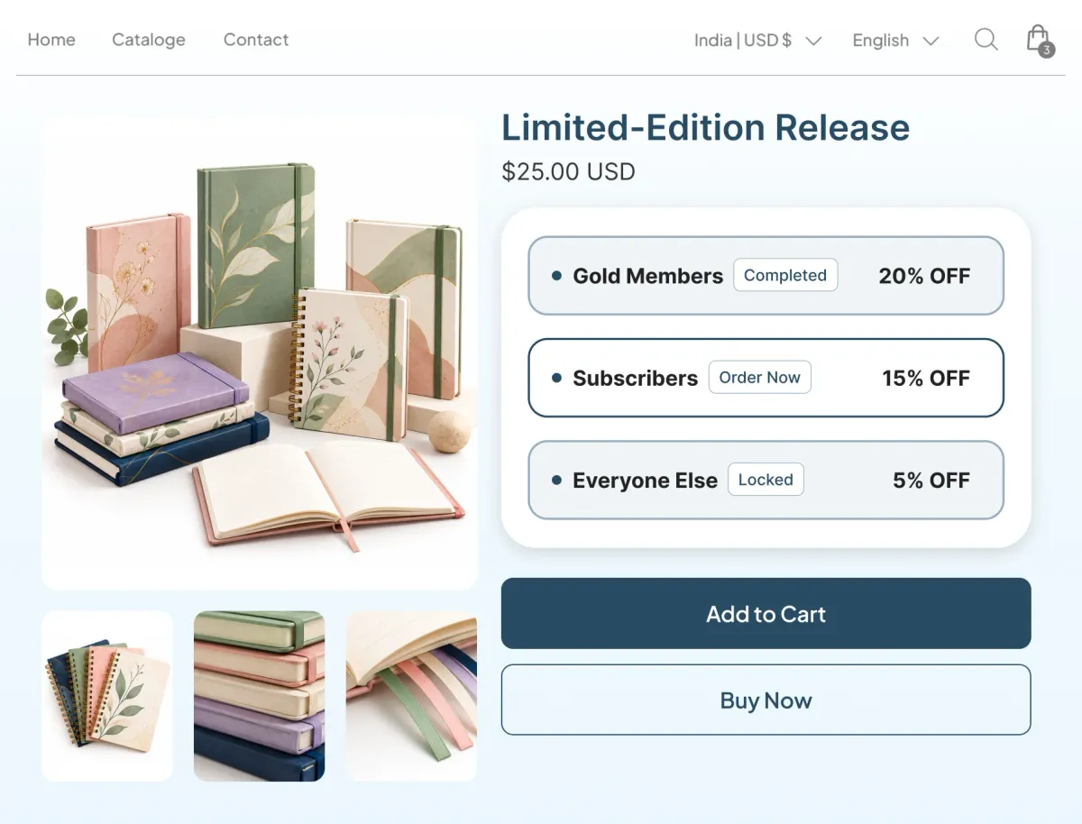 Limited-edition notebook release with early access completed for gold members, open to subscribers, and still locked for everyone else
