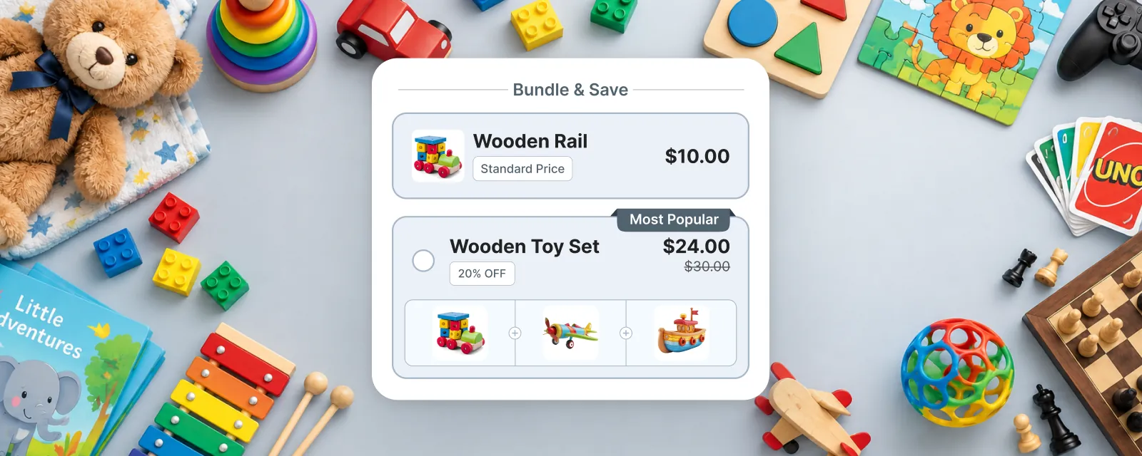 Flat lay of wooden toys, building bricks, a teddy bear, a puzzle and a chess set, with a Bundle & Save widget offering a wooden rail at $10 or a Wooden Toy Set of rail, plane and boat at $24, 20% off