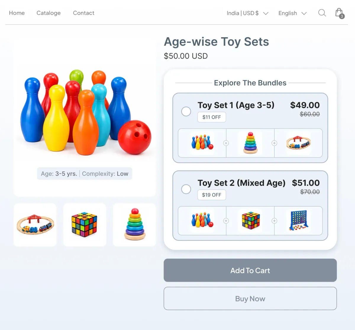Age-wise toy sets page tagged Age 3-5 yrs and Complexity Low, offering a set built for ages 3-5 at $49 or a mixed-age set at $51