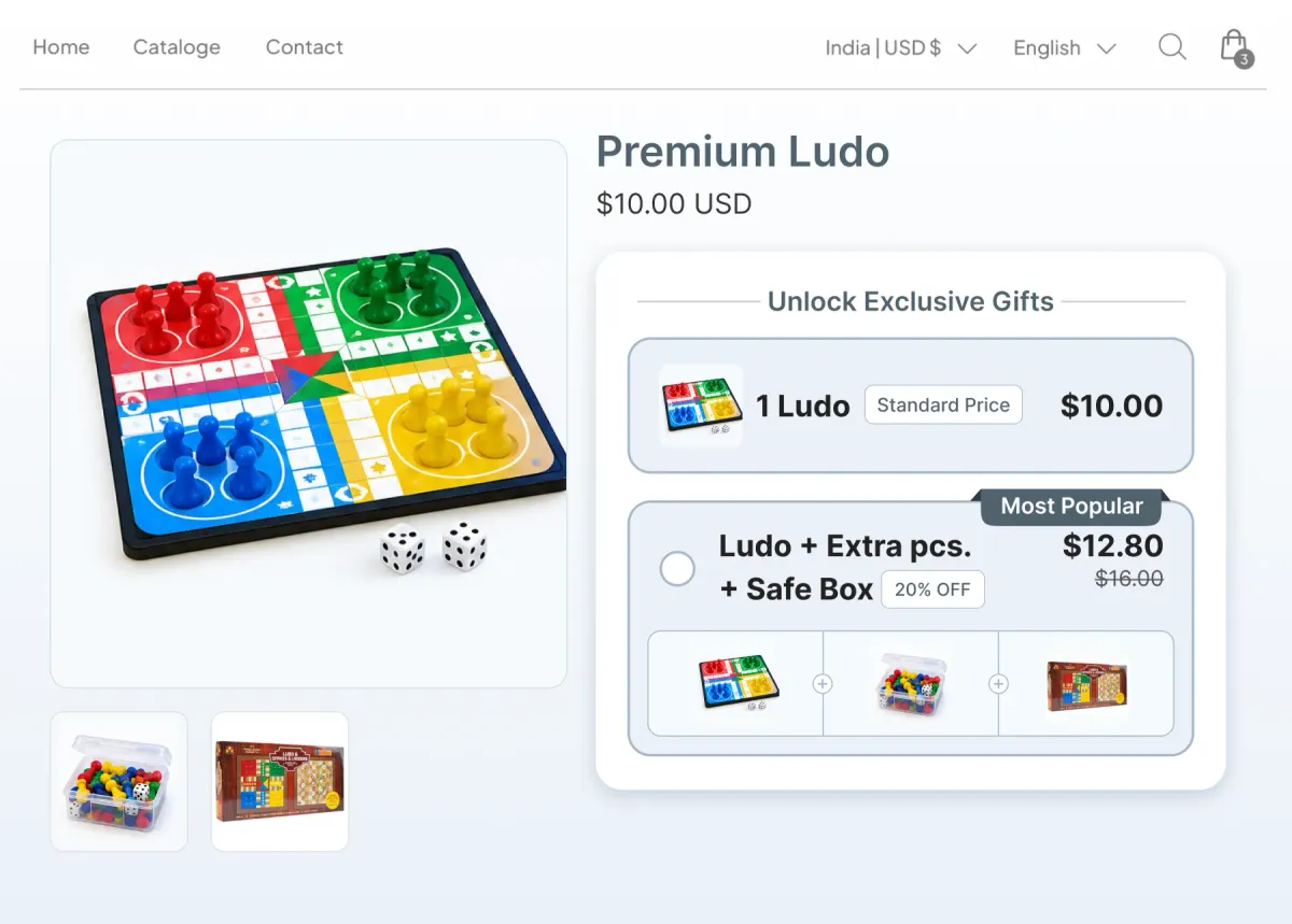Ludo board page offering the board alone at $10 or a bundle of board, extra pieces and a storage box at $12.80, 20% off
