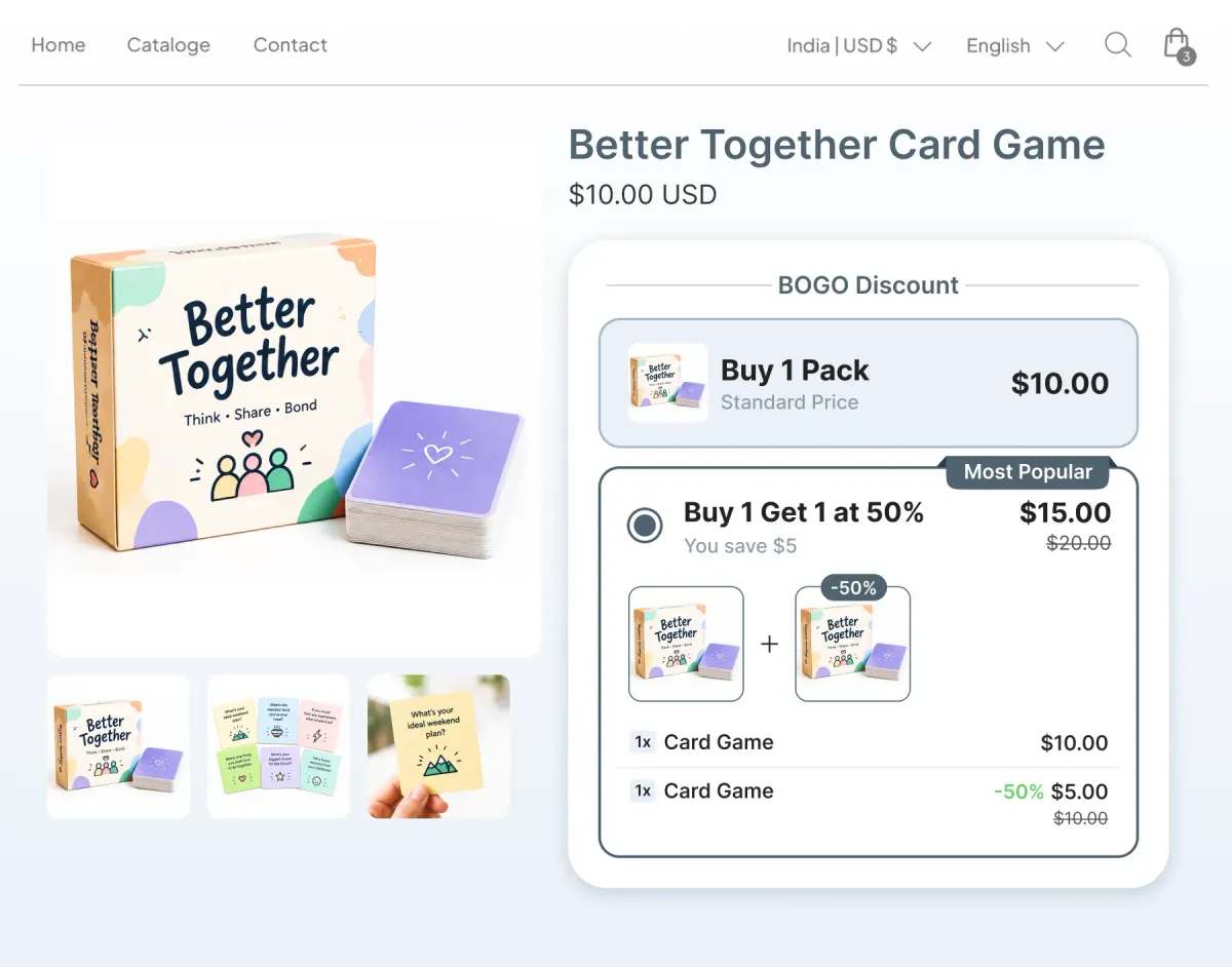 Card game page with a BOGO Discount widget where a second pack is half price, two packs for $15 instead of $20