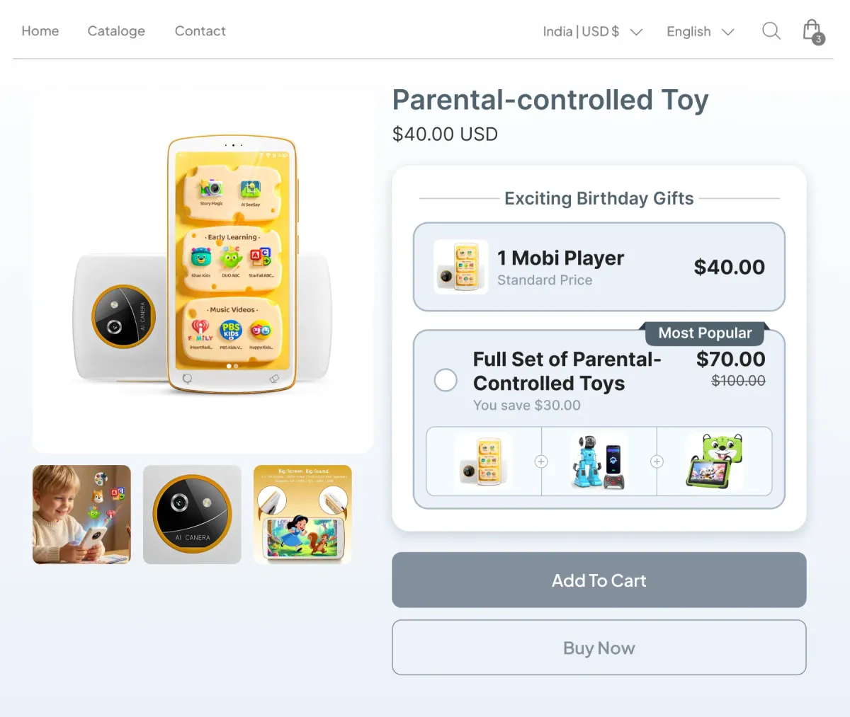 App-connected kids player page offering one unit at $40 or a full set of three parental-controlled toys at $70, saving $30